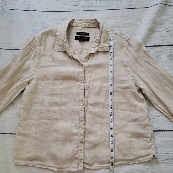 Tahari Size S	100% Linen Light Tan Long Sleeve Crop Button Up Top Collared - Picture 4 of 8